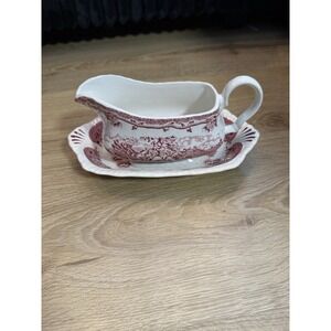 Myotts Country Life Hand Engraved Red Boat and Saucer Made In England Set of 2